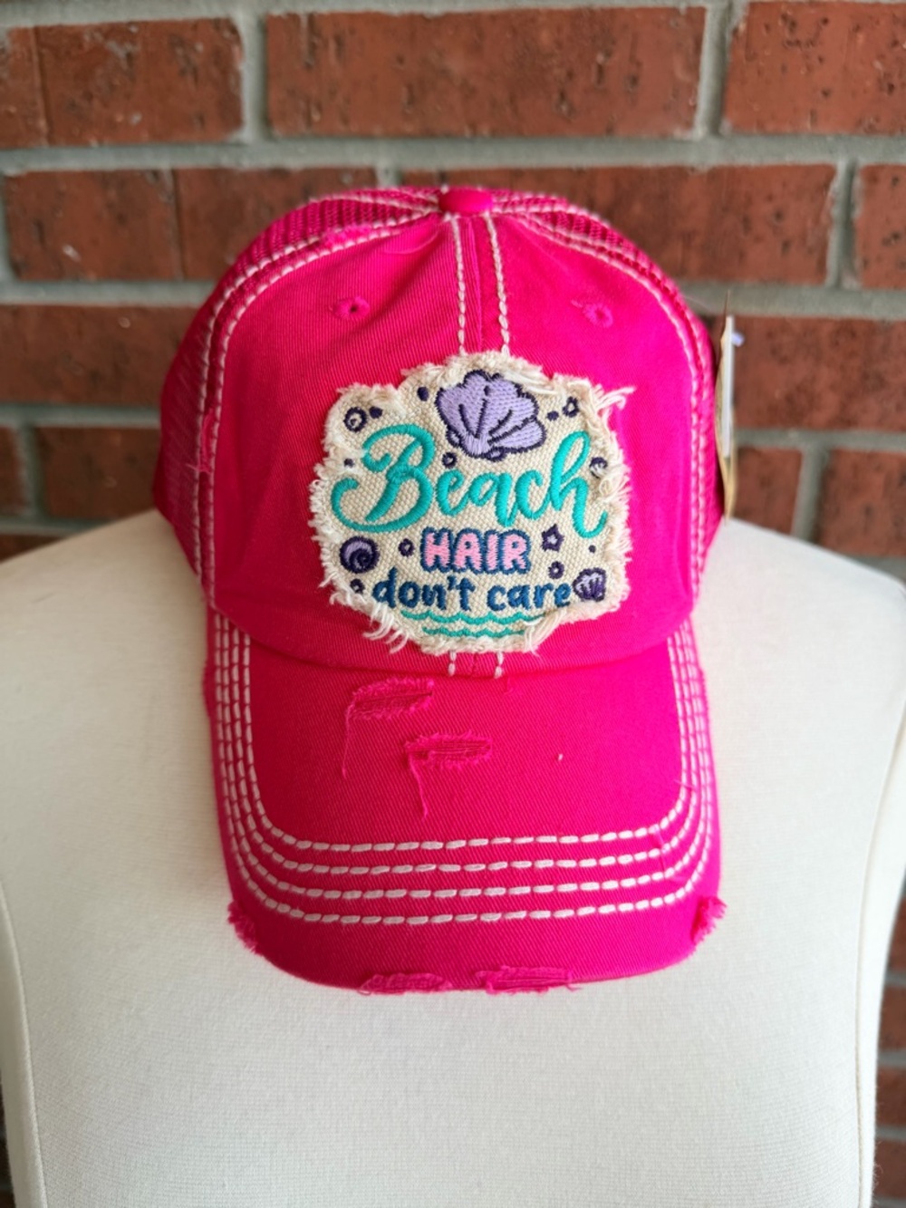 NWT Kbethos Womens Distressed Pink Beach Hair Don't care Baseball Cap, pool cap